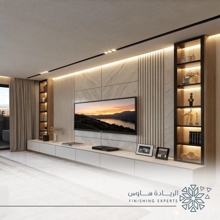 مكتبة تلفزيون خشب معلقة بالرياض